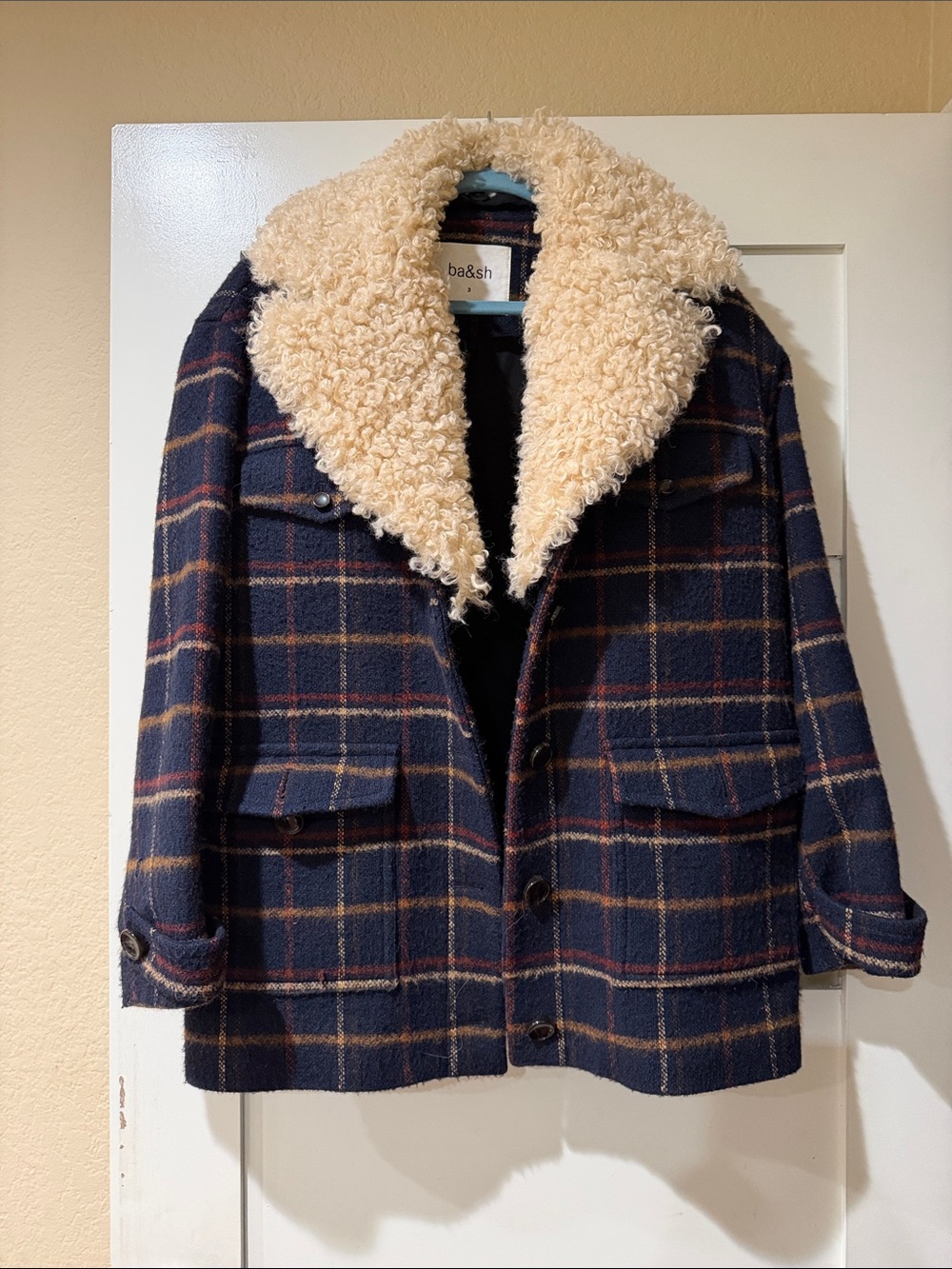 ba&sh Navy Plaid Coat with Cream Shearling Collar